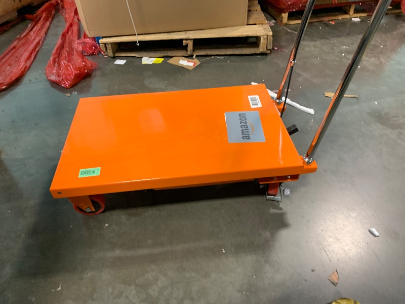 Photo 1 of *UNTESTED*
VEVOR TF23 Hydraulic Lift Table Cart, 500lbs Capacity 28.5" with 4 Wheels and Non-Slip Pad, for Material Handling and Transportation, Orange