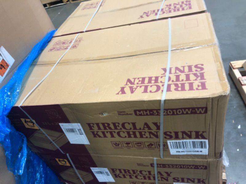 Photo 1 of  **FACTORY SEALED** HOMLYLINK White Farmhouse Workstation Sink 33 x 20 Inch, Firecaly Apron Front Undermount Farm Sink, Heavy Duty Deep Single Bowl, w 4 Accessories, Only Sleek Front Usable, White, for Kitchen