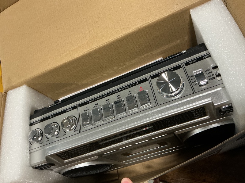 Photo 1 of **MISSING POWER CABLE****Retro Classic 80s Style Portable Boombox with Cassette Player Recorder, AM/FM/SW1/SW2 Radio, Bluetooth, USB/Micro SD Slots, Headphone Jack, 24W Dual Full-Range High Bass Speakers