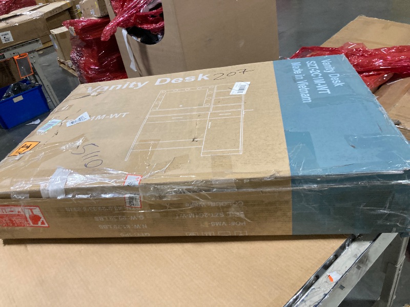 Photo 1 of **********USED**********Sweetcrispy Vanity Desk with Adjustable Lighten Mirror & Power Outlet, Makeup Desk for Bedroom with a Storage Cabinet and 3 Drawers, 4 Storage Shelves, White Dresser for Girls