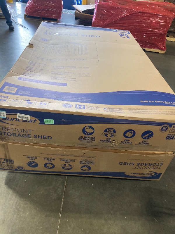 Photo 1 of ** TWO BOXES** Suncast 8x7 Ft. Outdoor Storage Shed - Large Resin Shed with Floor, Lockable Double Doors, & Skylights. 378 Cu Ft Tremont Garden Sheds & Outdoor Storage for Lawn Tools, Riding Mowers, Bikes, & More