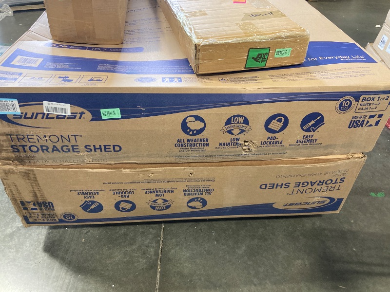 Photo 1 of ** TWO BOXES** Suncast 8x7 Ft. Outdoor Storage Shed - Large Resin Shed with Floor, Lockable Double Doors, & Skylights. 378 Cu Ft Tremont Garden Sheds & Outdoor Storage for Lawn Tools, Riding Mowers, Bikes, & More