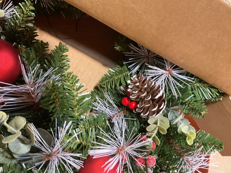 Photo 1 of 22 Inch Christmas Wreath with Lights Christmas Wreaths for Front Door Winter Wreath with Norfolk Pines Red Berries Pine Cone Ball Ornaments for Christmas Indoor Outdoor Decorations NO DIY