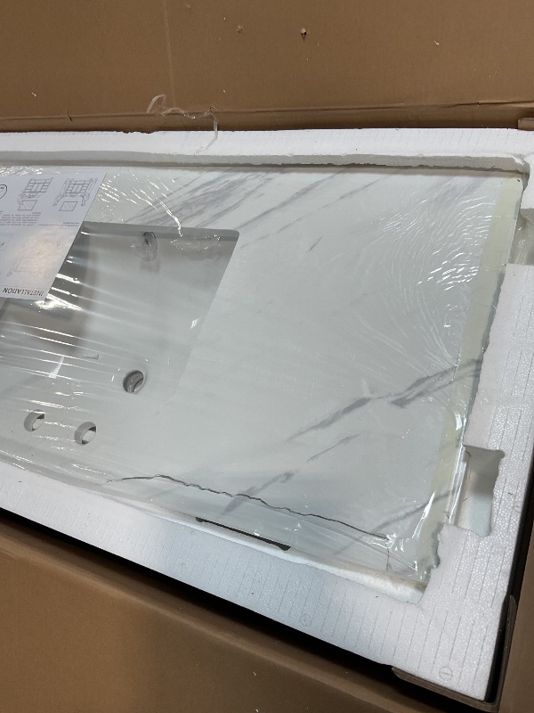 Photo 1 of **MAJOR DAMAGE TO LIP**EQLOO 48 in. W x 22 in. D Vanity Top, Engineered Stone Vanity Top with Sink in Venice White, Rectangular Center Sink Top, 8 in. Faucet Hole Spacing and Backsplash Bathroom Sink Top