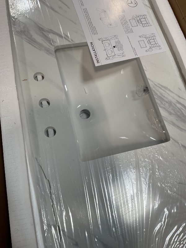 Photo 1 of **MAJOR DAMAGE TO LIP**EQLOO 48 in. W x 22 in. D Vanity Top, Engineered Stone Vanity Top with Sink in Venice White, Rectangular Center Sink Top, 8 in. Faucet Hole Spacing and Backsplash Bathroom Sink Top