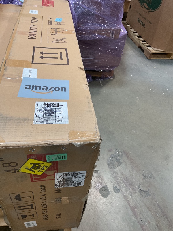 Photo 1 of **MAJOR DAMAGE TO LIP**EQLOO 48 in. W x 22 in. D Vanity Top, Engineered Stone Vanity Top with Sink in Venice White, Rectangular Center Sink Top, 8 in. Faucet Hole Spacing and Backsplash Bathroom Sink Top