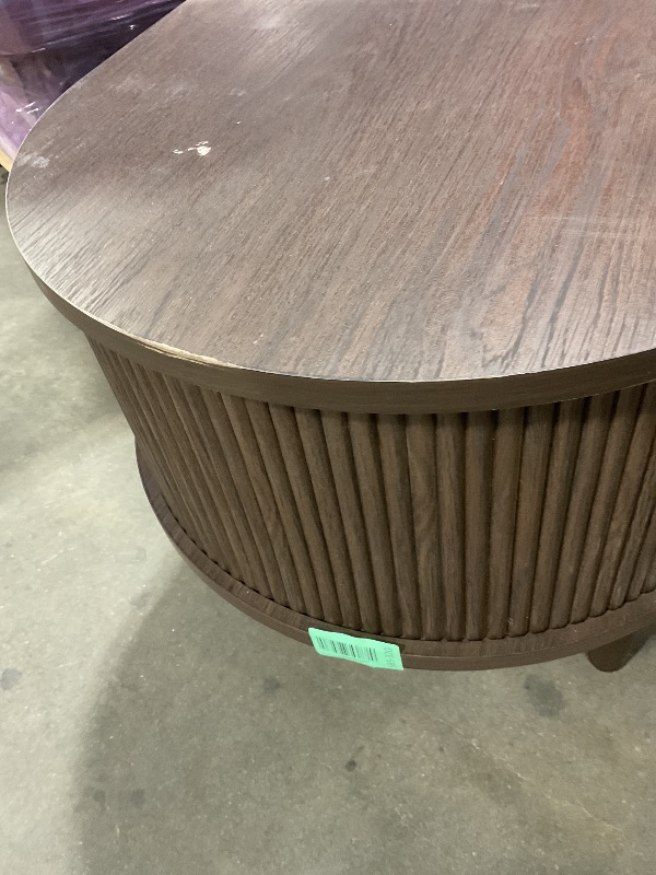 Photo 1 of **DOORS ARE STUCK.MDIRT.MSCRAPES**LINSY HOME Oval Coffee Table, Wood Coffee Table with Storage, Fluted Accent Center Table with Sliding Tambour Door, 39" Mid Century Modern Coffee Tables for Living Room, Bedroom, Apartment, Walnut