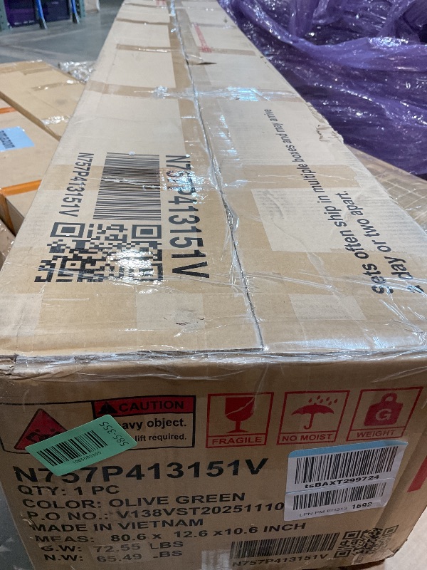 Photo 1 of **SELLING FOR PARTS AS PARTIAL SET. ONE BOX OF TWO**Merax Queen Size Velvet Fabric Upholstered Platform Bed with Curved Shaped Headboard, Wood Bed Frame with Solid Round Legs for Kids Teens Adults, Olive Green