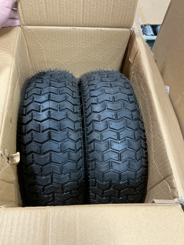 Photo 1 of (2-Pack) 16x6.50-8 Pneumatic Tires on Rim - Universal Fit Lawn Mower and Yard Tractor Wheels - With Chevron Turf Treads - 3" Centered Hub and 3/4" Bushings - 396 lbs Max Weight Capacity