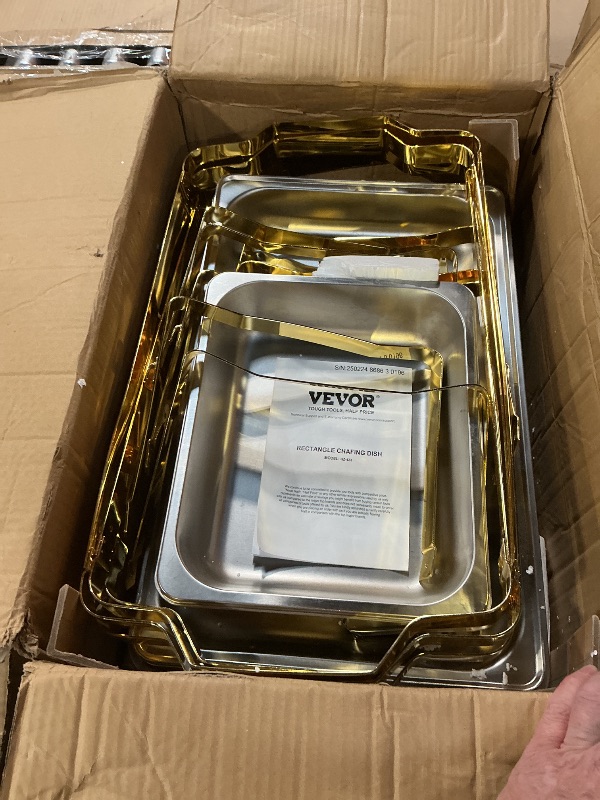 Photo 1 of *** FOR PARTS/MISSING ASSEMBLY HARDWARE & HANDLES*** VEVOR Chafing Dish Buffet Set, 8 Qt 4 Pack, Stainless Steel Chafer with 2 Full Size and 4 Half Size Pans, Rectangle Catering Warmer Server with Lid Water Pan Stand, for Weddings Parties Banquets, Gold