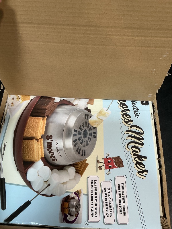 Photo 1 of **PLATE BROKEN**MISSING PIECES** Nostalgia Indoor Electric Stainless Steel S'Mores Maker with 4 Lazy Susan Compartment Trays for Graham Crackers, Chocolate, Marshmallows and 4 Roasting Forks, Brown