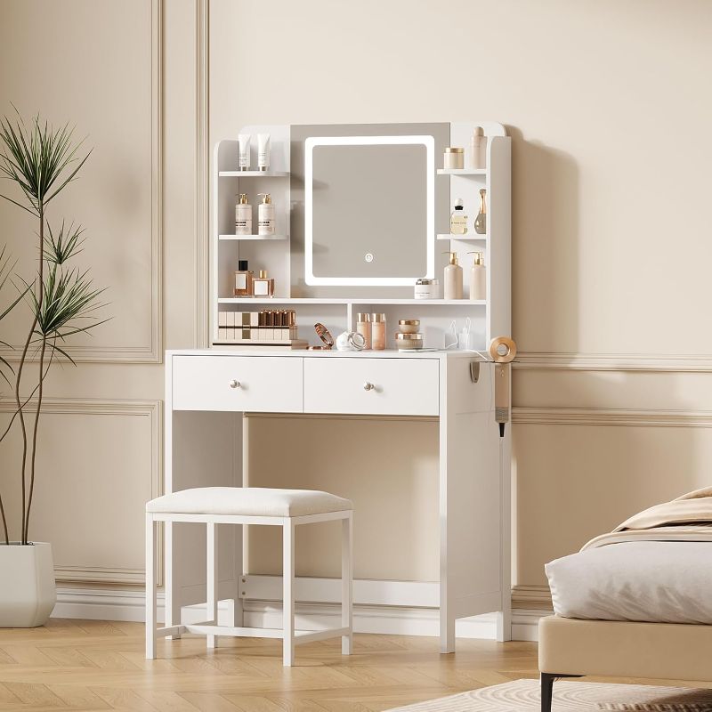 Photo 1 of ***PARTS ONLY/DAMAGED***
White Vanity with Lighted Mirror, 8 Shelves, 2 Drawers, Charging Station, Hair Dryer Holder & Stool, LED Mirror with 3 Light Modes