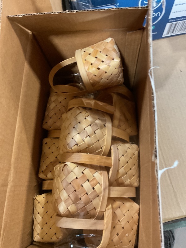 Photo 1 of ****MULTIPLE BASKETS SHREDDED***15 Pcs Mini Woven Baskets with Handles, 40 Sheets Red and White Gingham Paper Napkins(2 Sizes) Wood Chip Farmhouse Decor, Wedding Party Favors, Craft Storage, Picnic Fruit Flower Basket Gift