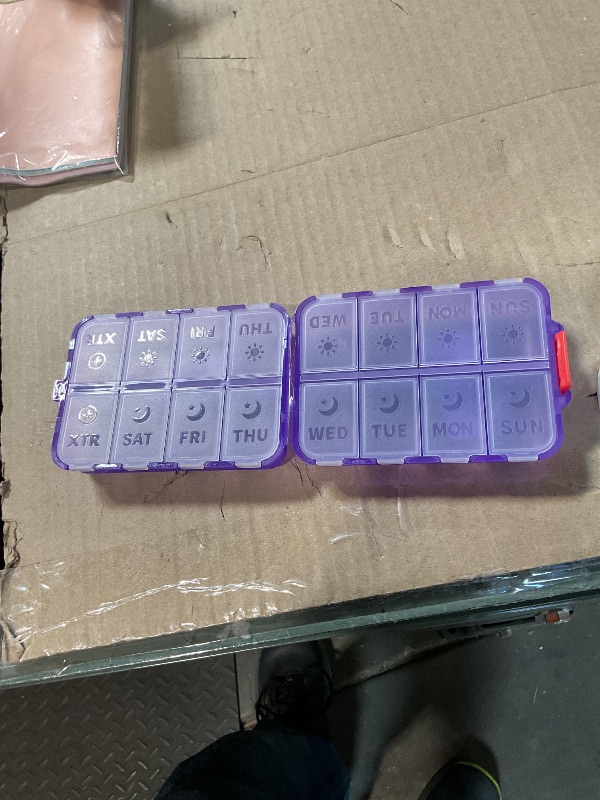 Photo 1 of ***CRACKED MIDDLE***Foldable Weekly Pill Organizer 2 Times a Day with 2 Extra Compartments - Etched Labels - Portable 7 Day AM PM Medicine Box, Week Daily Travel Pill Case Holder for Vitamin, Supplement -Clear Purple