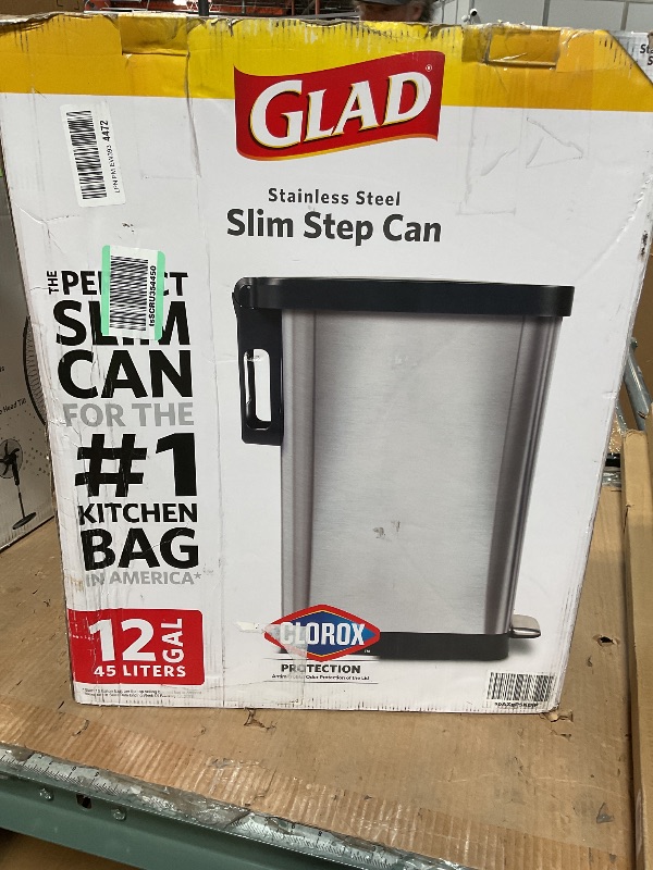 Photo 1 of **HAS BIG DENT** Glad Slim Trash Can with Clorox Odor Protection - Narrow Kitchen Garbage Bin with Soft Close Lid, Step On Foot Pedal and Waste Bag Roll Holder, Stainless Steel, 12 Gallon/45 Liter