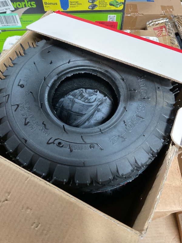 Photo 1 of **PARTIAL SET** RUTU 2 Pack 4.10/3.50-4 Replacement Tire+Inner Tube with Bent Valve Stem for Lawn Mower Hand Truck Wheelbarrow Trailers Dollies Wagon Snowblower Compressor Generator Chipper All Purpose Utility