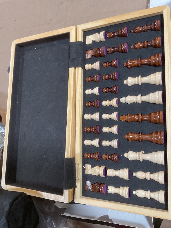 Photo 1 of 15 Inch Magnetic Wooden Chess Set for Adults & Kids - Folding Travel Chess Board with Handcrafted Staunton Pieces, Extra Queens, and Storage Slots