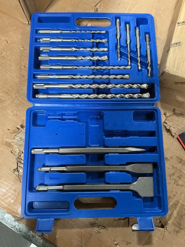 Photo 1 of **MINUS 2 BITS**WORKPRO 17-Piece SDS-Plus Rotary Hammer Drill Bits and Chisel Set, Carbide-Tipped Masonry Drill Bits and Chisels for Concrete, Stone, Brick, with Storage Case