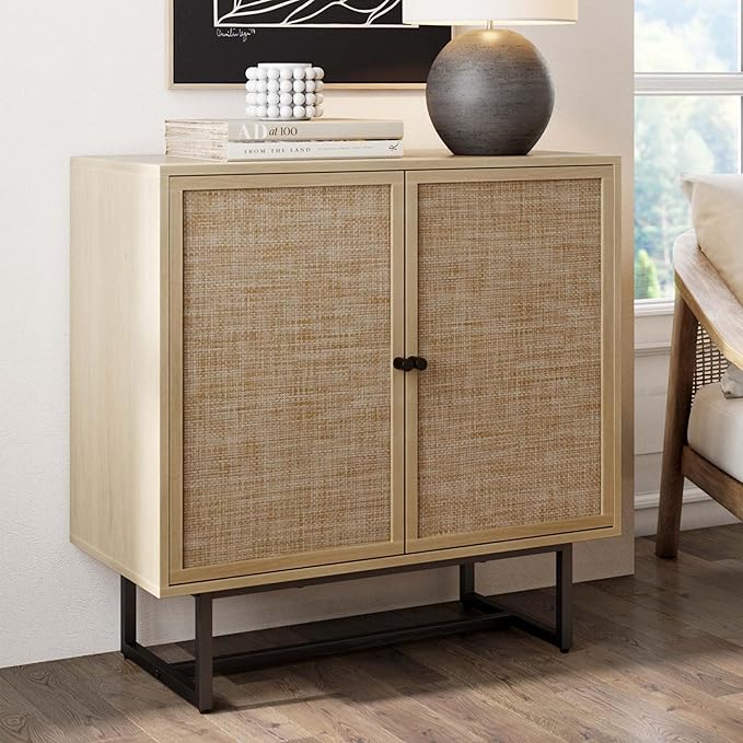 Photo 1 of **FOR PARTS/ MISSING ASSEMBLY PIECES** Kova Light Oak/Black Accent Cabinet Natural Cane Rattan Doors with metal base and Adjustable Shelf
