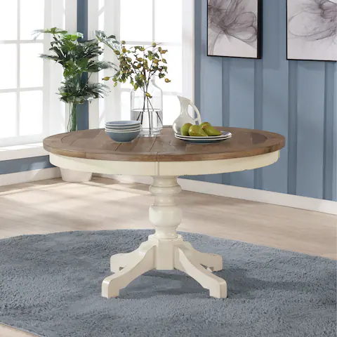 View 1 of **2  BOXES**Roundhill Furniture Prato Round Antique White and Distressed Oak Two-tone Finish Wood Dining Table