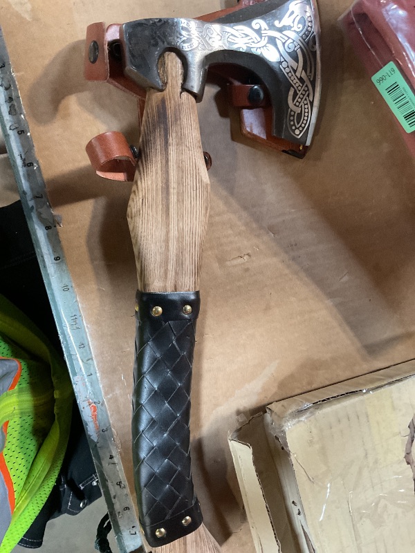 Photo 1 of * PLEASE SEE SECOND PHOTO FOR ACTUAL ITEM, DESCRIPTION IS APPROXIMATE * Hand-Forged Double Headed Viking Axe – 27" Odin's Carbon Steel Battle Hatchet with Leather Wrapped Wood Handle – Norse Style Throwing Axe for Camping, Collecting, Survival Gear, or Gi