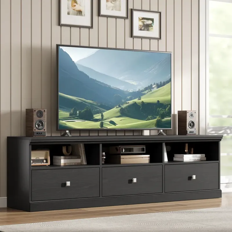 Photo 1 of **FOR PARTS ONLY/ HAS DAMAGED (BROKEN) PIECES** Garvee TV Stand for 75 Inch TV, Mid-Century Modern Entertainment Center with Storage Drawer, 70" TV Console with Open Shelves, Wood Media Console TV Cabinet for Living Room (Black)