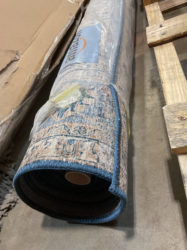 Photo 1 of ** HAS SMALL MATERIAL TEAR/ DIRTY FROM TRANSPORT** Layla Collection LAY-07 Blue/Tangerine 5'-0" x 7'-6" .13" Thick Area Rug, Soft, Durable, Vintage Inspired, Distressed, Low Pile, Non-Shedding, Easy Clean, Printed, Living Room Rug