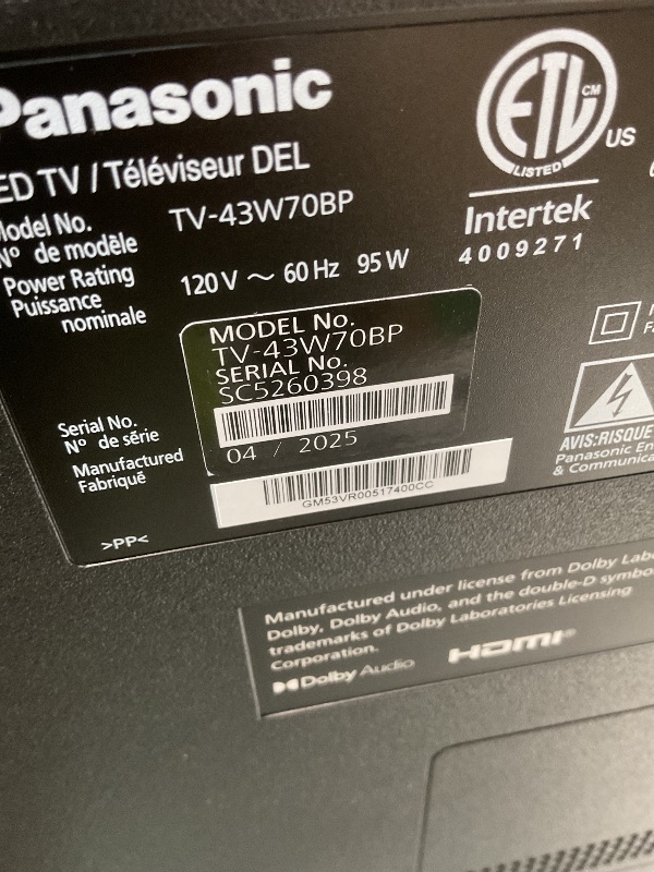 Photo 1 of **SCREEN ONLY**Panasonic W70 Series (2025 Model) 43" LED 4K Ultra HD Smart Fire TV, Press & Ask Alexa, Apple AirPlay, HDR10+, HDMI 2.1, and Bluetooth Support - 43W70BP