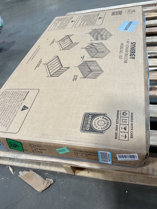 Photo 1 of **SELLING FOR PARTS. MISSING ONE WALL AND HARDWARE**Dream On Me Synergy 5-in-1 Convertible Full-Size Baby Crib with Toddler, Day & Full Bed Conversion in Black, GreenGuard Gold & BSA, 3 Mattress Heights, Sustainable Pinewood