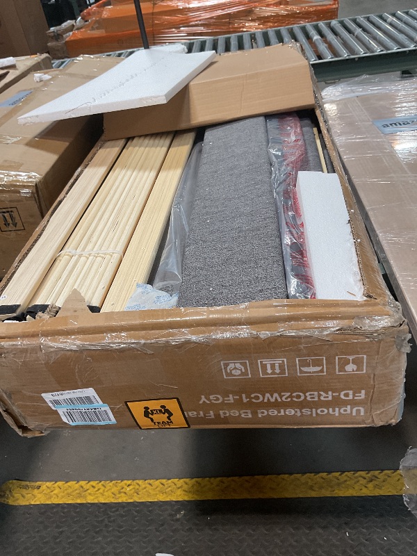 Photo 1 of ***MISSING ASSEMBLY HARDWARE*** DUMOS Upholstered Platform Bed Frame with Storage, Full Size Bed Frame with 2 Metal Baskets & Fabric Headboard, Wooden Slats Support, No Box Spring Needed, Easy Assembly, Bedroom Furniture, Gray