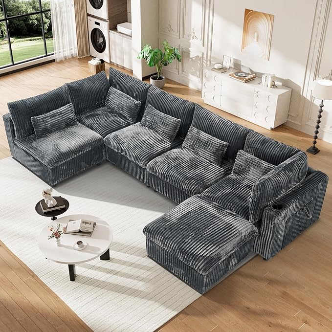 Photo 1 of **SELLING AS PARTIAL SET. DIRT130" Oversized Cloud Couch Large Modular Sectional Sofa Modern U Shaped Sectional Couch 6 Deep Seat Sofa Set for Living Room Comfy Corduroy Cloud Sofa with Ottoman, USB Port, Cup Holder, Dark Grey