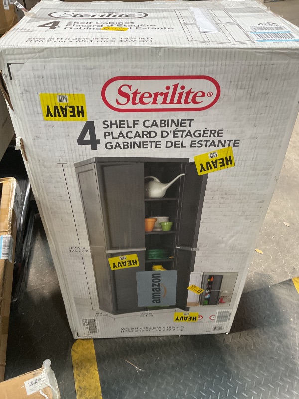Photo 1 of ***FOR PARTS ONLY MISSING ASSEMBLY PIECESS DAMAGED PIECES *** Sterilite 4 Shelf Cabinet, Lockable Utility Storage w/ Adjustable Shelves, Gray - Plastic Shelving Unit for Organizing Garage, Pantry, Basement, Laundry Room or Mudroom