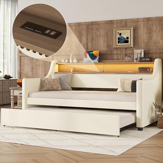 Photo 1 of *** USED/MINOR DAMAGE/UNKNOWN MISSING PARTS***Twin Daybed with Trundle Bed Twin and 2-Tier Shelf, PU Upholstered Day Bed Twin Size with RGB LED Light and Charging Station(LED Daybed White Twin)