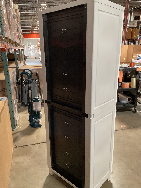 Photo 1 of *** DIRTY FROM TRANSPORT***Keter Storage Cabinet with Doors and Shelves for Laundry Room, Garage, Bathroom Accessories, Closet and Home Organization, White & Grey