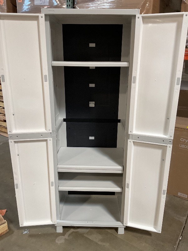 Photo 1 of *** DIRTY FROM TRANSPORT***Keter Storage Cabinet with Doors and Shelves for Laundry Room, Garage, Bathroom Accessories, Closet and Home Organization, White & Grey