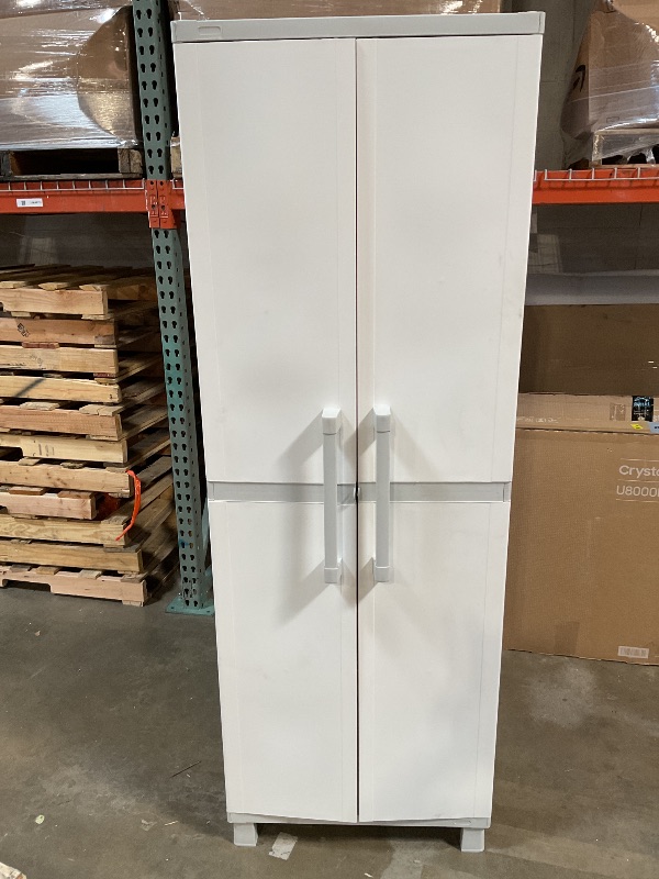 Photo 1 of *** DIRTY FROM TRANSPORT***Keter Storage Cabinet with Doors and Shelves for Laundry Room, Garage, Bathroom Accessories, Closet and Home Organization, White & Grey