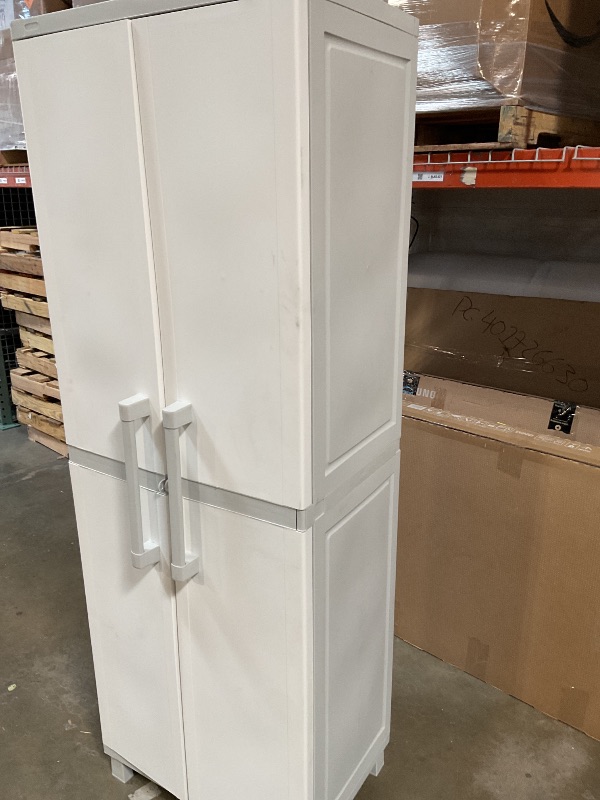 Photo 1 of *** DIRTY FROM TRANSPORT***Keter Storage Cabinet with Doors and Shelves for Laundry Room, Garage, Bathroom Accessories, Closet and Home Organization, White & Grey