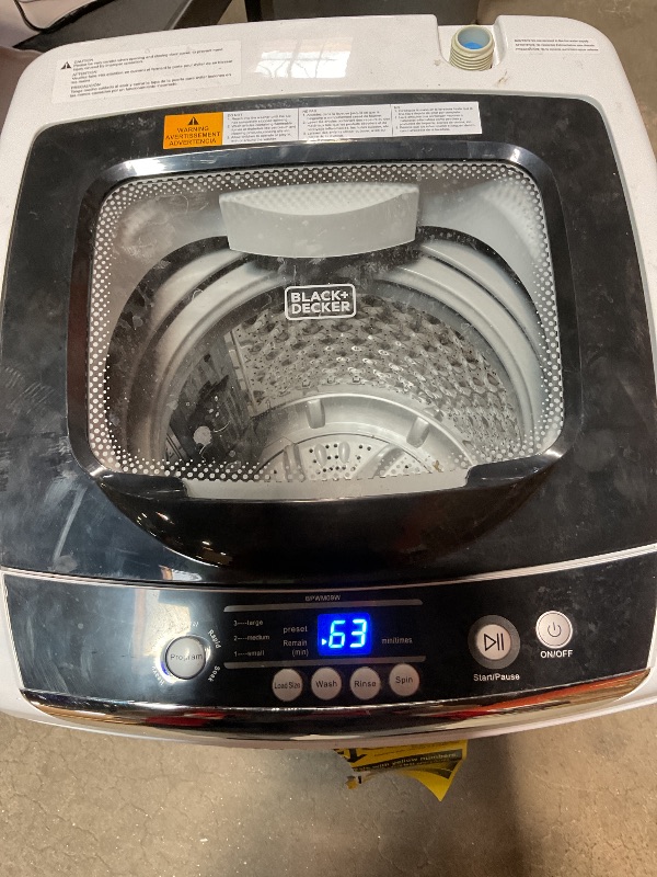 Photo 1 of *** USED/MINOR DAMAGE***BLACK+DECKER 0.9 Cu. Ft. Portable Washer, 6.6 lb. Capacity Washing Machine for Homes & Apartments, 5 Wash Cycles, Quick Connect Sink Adapter and Drain Hose Included, Transparent Lid, BPWM09W, White