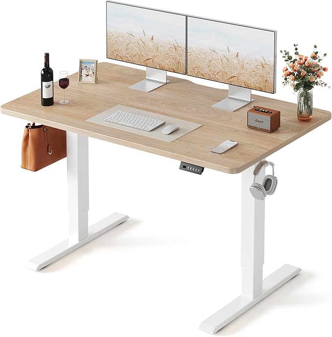 Photo 1 of *** PHOTO FOR REFERENCE ONLY ***FEZIBO Standing Desk, 48 × 24 Inches Electric Height Adjustable, Sit and Stand Up, Computer Office Desk with Splice Board, White Frame/Maple TOP
