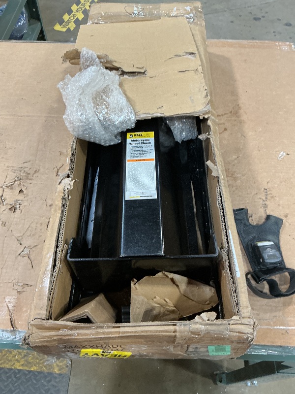Photo 1 of *used/minor damaged*MaxxHaul Motorcycle Wheel Chock Heavy?Duty Steel Front Tire Stand Fits 15" to 22" Wheels Self Locking Cradle for Trailers Garages and Shops 1800 lb Capacity Black Powder Coat (70271)