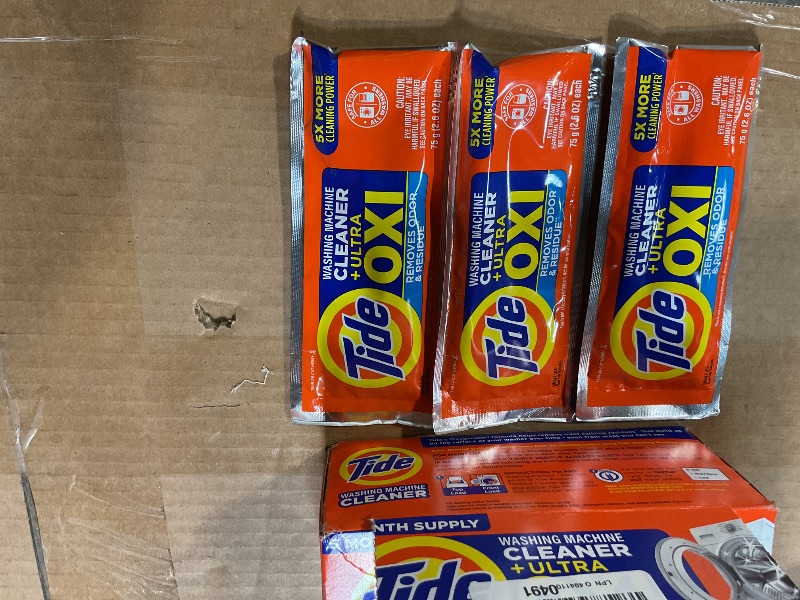 Photo 1 of * 3/5 TOTAL: PACKAGING SAYS 5 POUCHES, TWO ARE GONE * Washing Machine Cleaner by Tide, Washer Machine Cleaner with Oxi for Front and Top Loader Washer Machines, Deep Cleaning Residue & Odor Eliminator, 5 Month Supply (Packaging May Vary)
