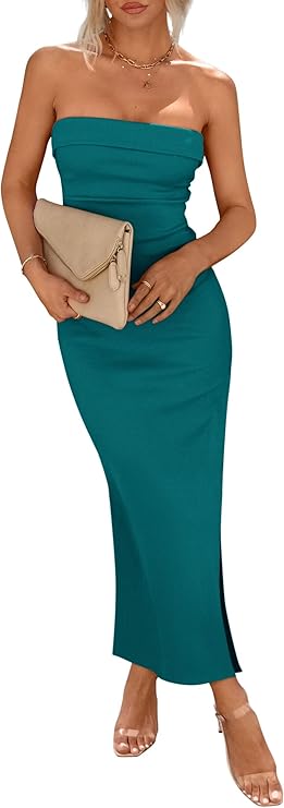 Photo 1 of **COLOR GREEN*** PRETTYGARDEN Women's Summer Bodycon Maxi Tube Dress Ribbed Strapless Side Slit Long Going Out Casual Elegant Party Dresses SIZE M