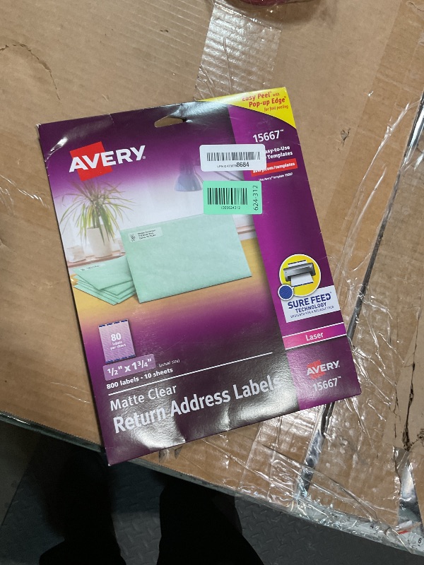 Photo 1 of ***MISSING ALL LABELS*** Avery Printable Return Address Labels with Sure Feed, 0.5" x 1.75", Matte Clear, 800 Blank Mailing Labels (15667)