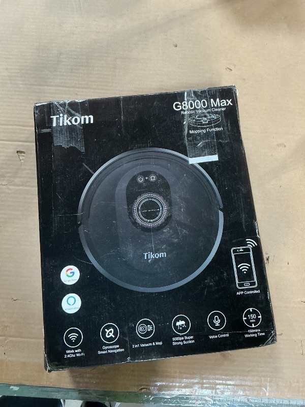 Photo 1 of *** USED***Tikom Robot Vacuum and Mop Combo, 5000Pa Robotic Vacuum Cleaner, 150 Min Max, App & Remote Control, Ideal for Hard Floor, Carpet, Pet Hair, Self-Charge(G8000 Max)