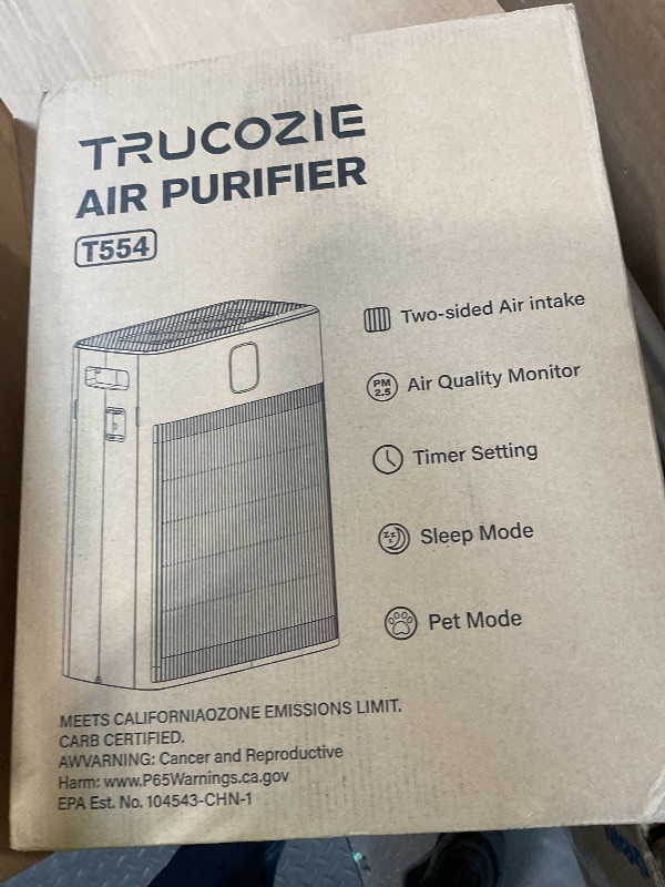 Photo 1 of ***POSSIBLY FOR PARTS/ HAS DAMAGES (BENT)/ MISSING FILTERS*** Trucozie T554 Air Purifier for Home Up to 2000 Ft² in 1 Hr with Washable Pre-Filter, Air Purifier for Home Pets with PM 2.5 Air Quality Display, Sleep Mode for Allergies, Dust, Smoke, Grayish B