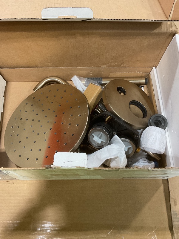 Photo 1 of **SCRATCHED & POSSIBLY MISSING AN ASSEMBLY PIECE*** Delta Modern 14 Series Round Rain Shower System Faucet Set, Rainfall Brushed Gold Shower Head and Handle Set, Valve Trim Kit, 10 Inch, Champagne Bronze 342702-CZ
