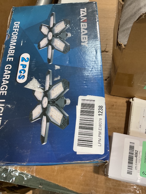 Photo 1 of **PARTIAL SET ONLY 1** TANBABY 2 Pack LED Garage Lights, 150W Deformable Garage Light Bulb, Total 30000LM 6500K Daylight, 6+1 Adjustable Panels, E26/E27 Screw-in Ceiling Light for Basement, Gift for Men