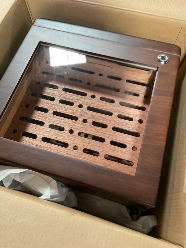 Photo 1 of ***RECOMENDED FOR PARTS / CRACKED DOWN THE SIDE & MISSING SCREWS*** Cigar Humidor Cabinet with Adjustable LED Lighting, 3 Cedar Wood Drawer & Digital Hygrometer, 2 Humidifiers, Cigar Tube, Glass Top Desktop Humidor for 80-100 Cigars, for Men