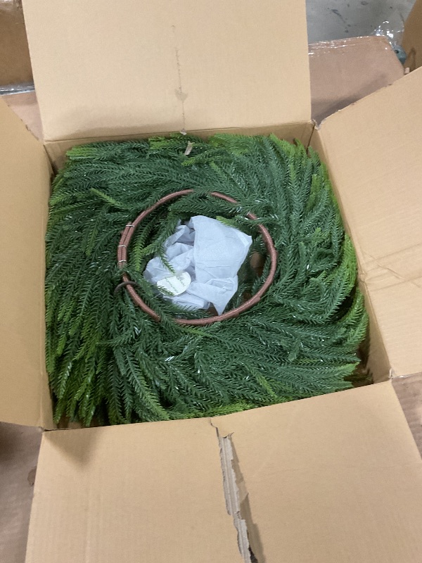 View 2 of 24inch Christmas Wreath 2 Pack, Norfolk Pine Wreath for Front Door, 24 Inch Xmas Village Wreath Holiday Decor Christmas Decorations for Home Wall Window Indoor Outdoor Outside Winter