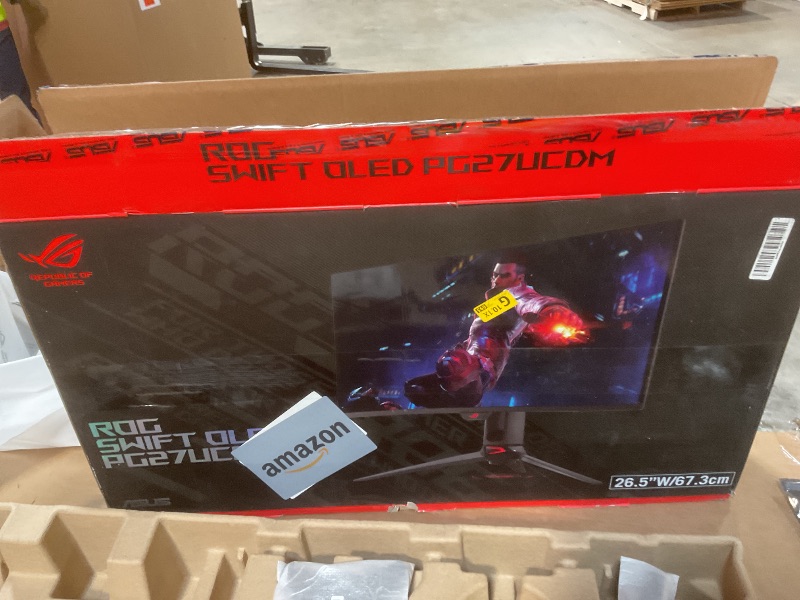 Photo 1 of **MISSING POWER CORD**ASUS ROG Swift 27” 4K QD-OLED Gaming Monitor (PG27UCDM) - 240Hz, 0.03ms, Custom Heatsink, Neo Proximity Sensor, G-SYNC Compatible, 99% DCI-P3, True 10-bit color, DisplayPort 2.1a UHBR20, 3 yr warranty